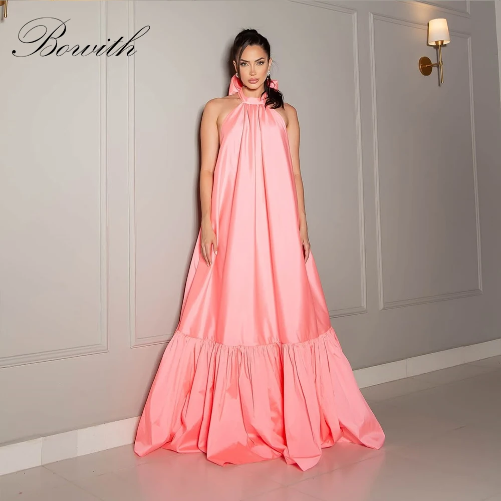 

Bowith Pink Evening Dresses Halter Backless Simple Prom Dresses Customized A-Line Women Party Gown