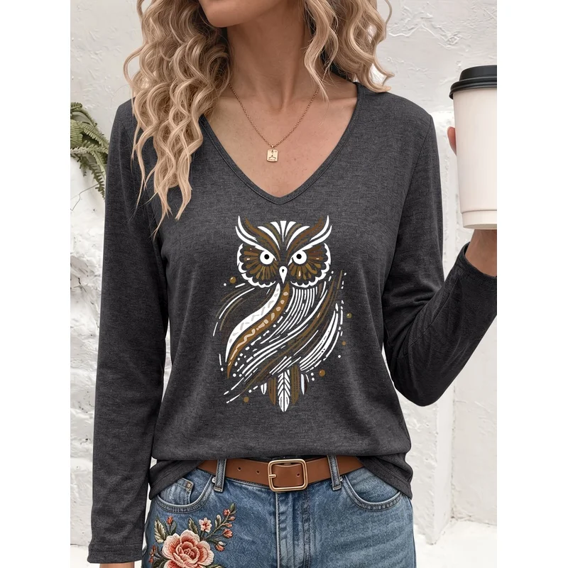 Colorful V Neck Long Sleeve Tribal Owl Print T Shirt Hand Painted Minimalist Natural Casual Tee Perfect For Daily Wear Travel