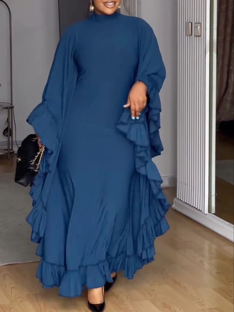 

Autumn New Half High Collar Bat Sleeve Ruffles Dress Elegant Solid Color Loose Party Dress Simple Casual Women's Commute Dresse