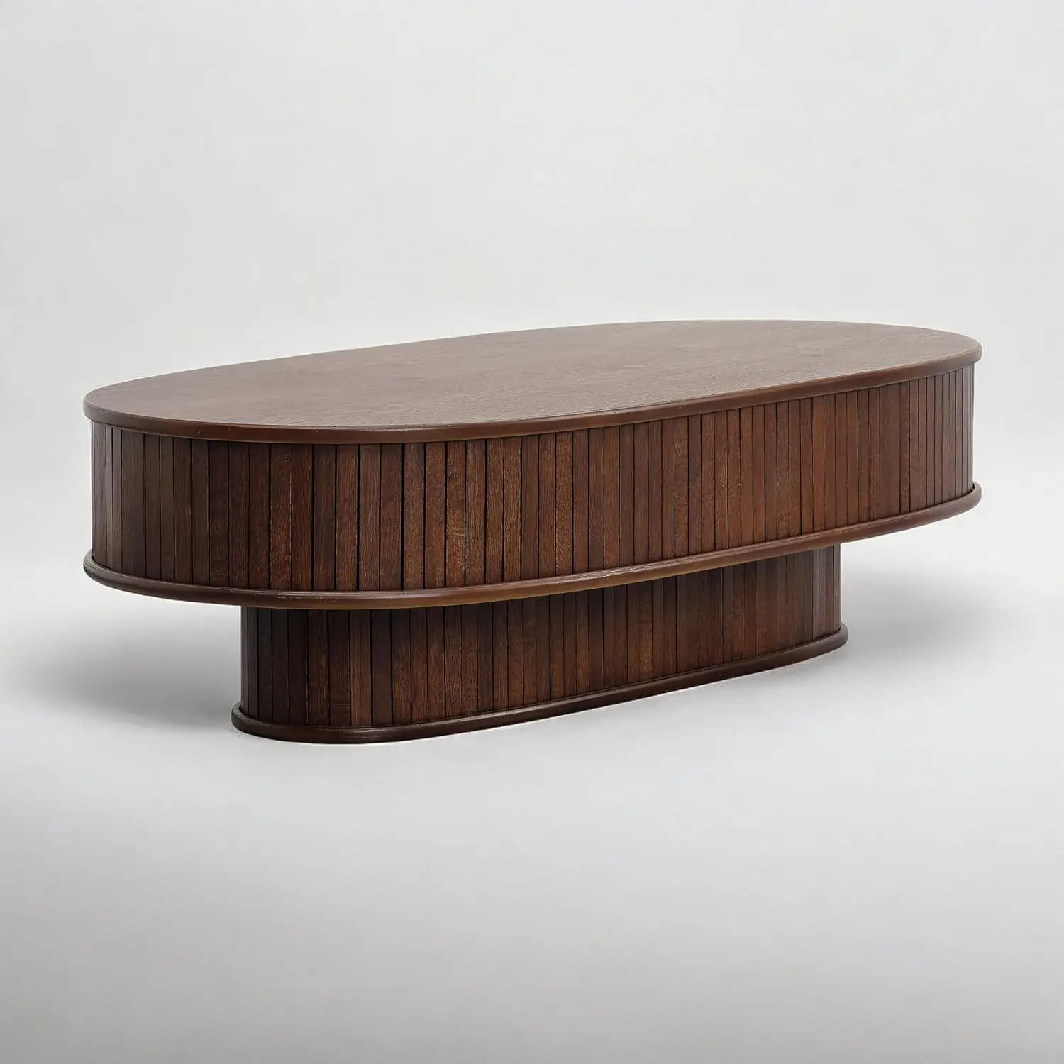 

Stream DOU Coffee Table, Modern Double-Layer Oval Wooden Center Table with Vertical Groove Design, Stylish Living Room Decor, C
