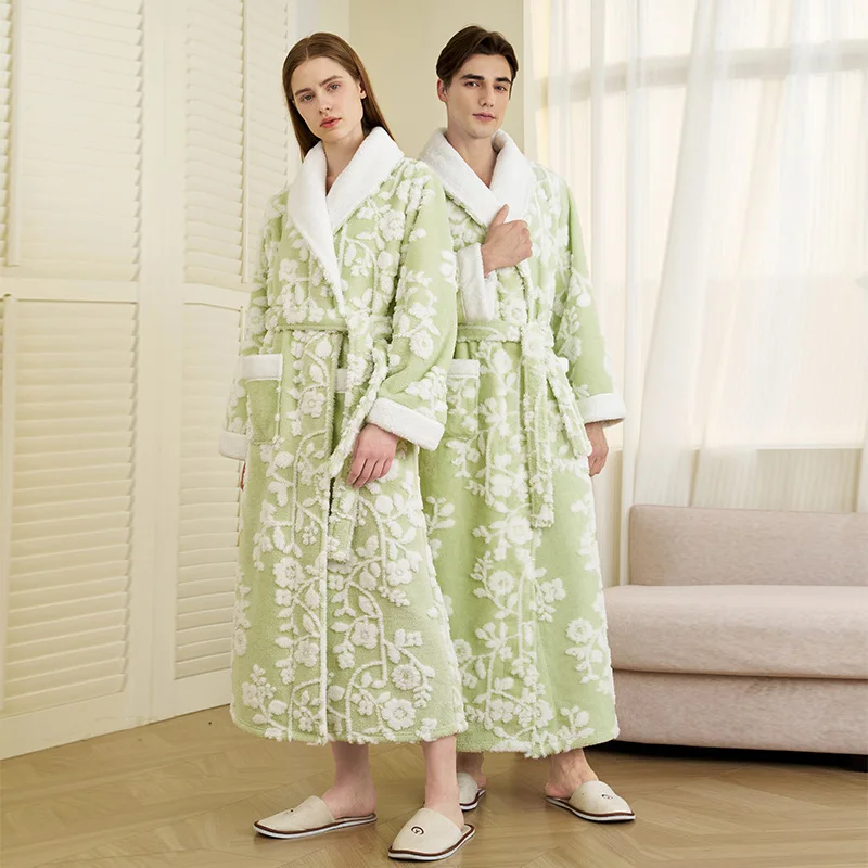 Jacquard Double Layer Thicken Robe Gown Women and Men Sleepwear Winter Warm Nightgown Coral Fleece Lovers' Bathrobes Lingerie