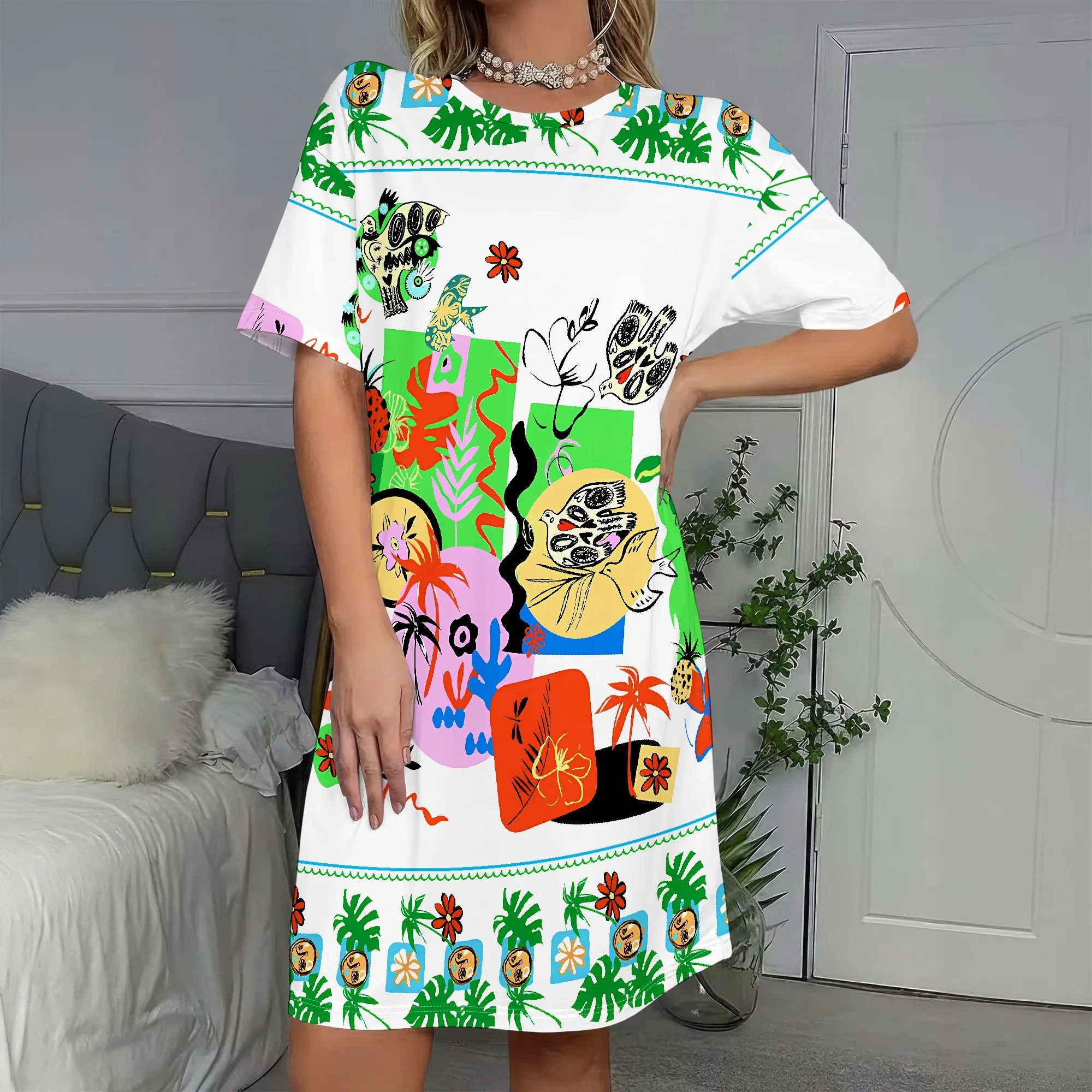 Vibrant Art Print, Women's T-Shirt Dress, Tropical Pattern, Abstract Graphics, Summer Beachwear, Casual Vacation Outfit, S-2XL