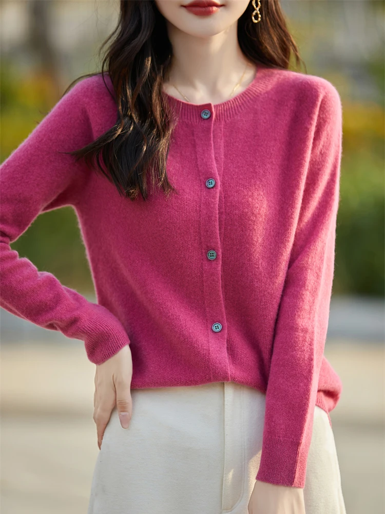 Fashion Basic  Women Merino Wool Sweater Cashmere Cardigan O-Neck Knitwear Slim Solid Collar Clothing Tops