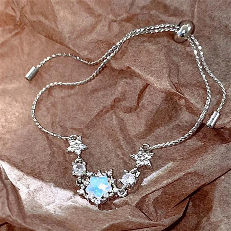 Pulseira Ajustável Estrela e Lua para Mulheres, Pulseira Elegante, Jóias Festa, Acessórios Requintados, Presente Original, Meninas Tendência, Doce Moda