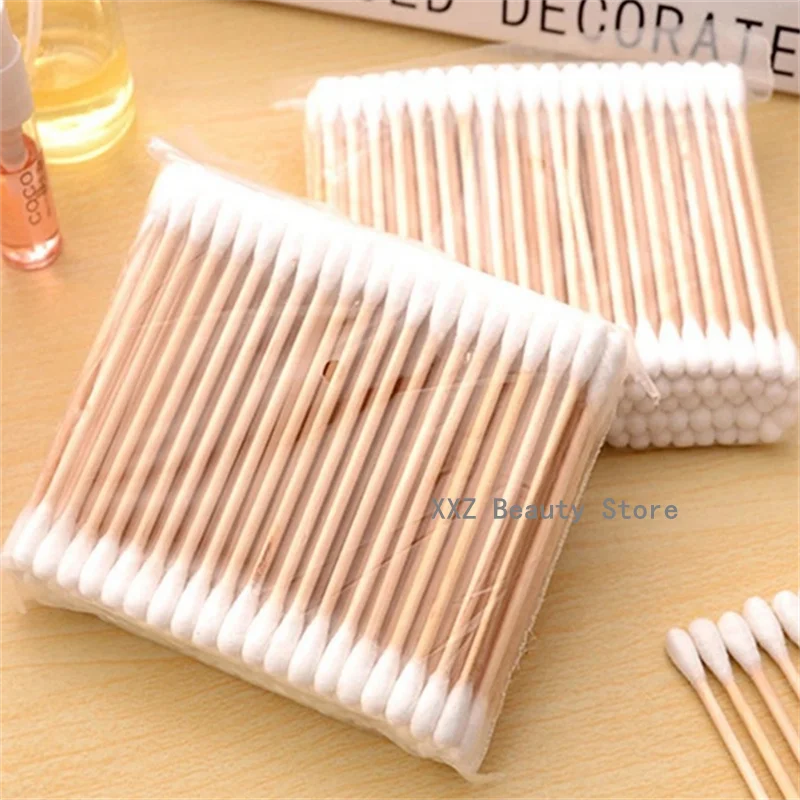 100/1000 قطعة مسحات قطنية غير معطرة، برأسين، عصا خشبية، إزالة المكياج وتنظيف مسحات قطنية للأذن