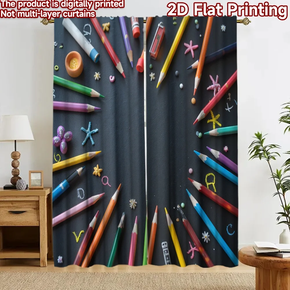 2D flat 2pcs Curtain Home Short Curtains Back to School Pencils Durable polyester fiber Festive Curtains Perfect for Indoor