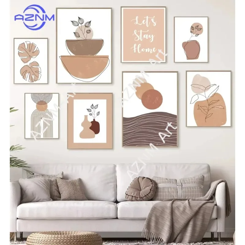 1 Stück Leinwandbild Abstrakte Linien Blätter Vase Boho Galerie-Set Wandkunst Poster und Drucke Wandbilder für Wohnzimmer Heimdekoration