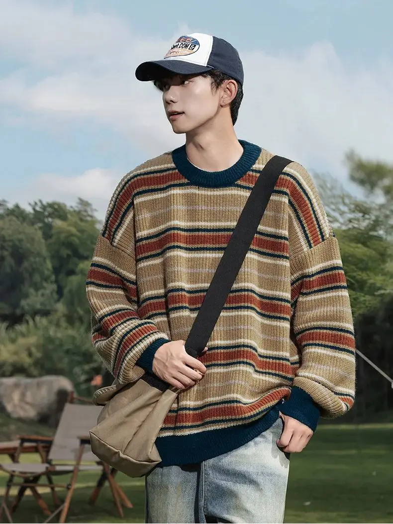 Retro Striped Soft Pullover Sweater Men Women Couple Model Autumn Winter Japanese Loose Lazy Wind Knit Sweater Warm