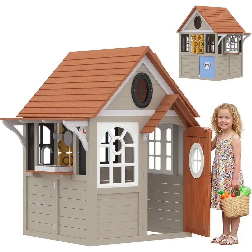 

Qaba Outdoor Playhouse, Wooden Kids Playhouse with Dog Door, Kids Cottage with Cookware, Blackboard, Clock, Tic-Tac-Toe Roller o