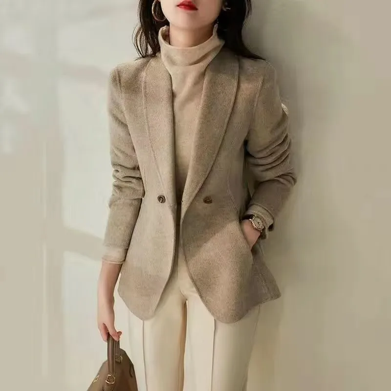 Insozkdg Autumn Winter New Gentle Elegant Waist-cinching Slimming Professional Single-button Casual Woolen Blazer Jacket Women's