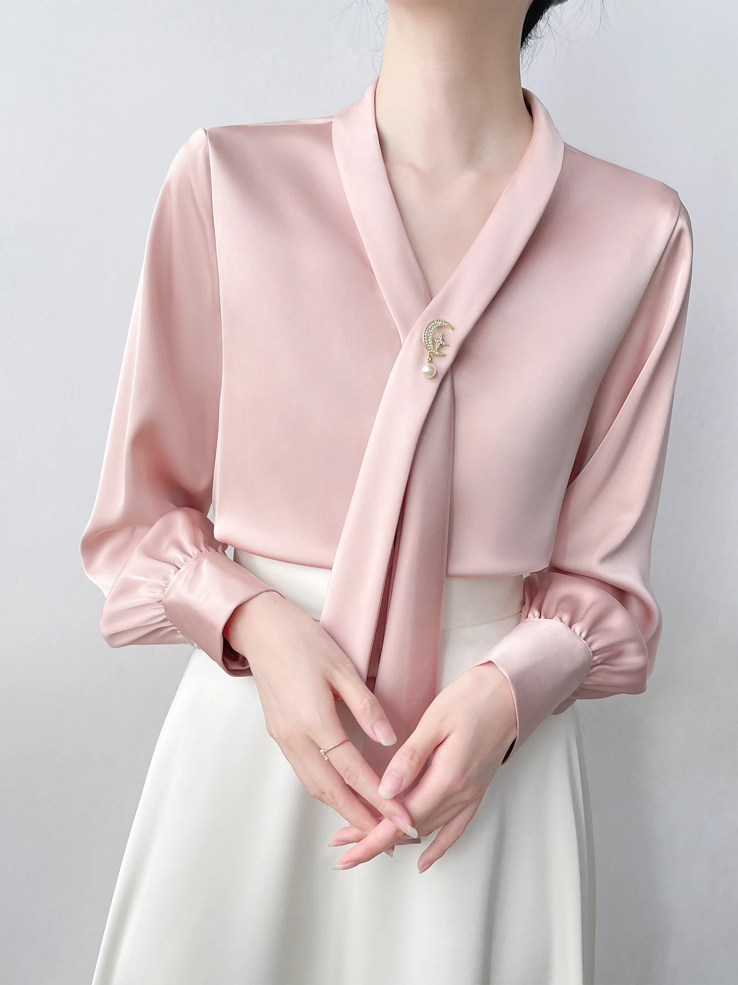 

Корейская женская блузка из смесового шелка с длинным рукавом, свободного кроя, для офиса, немнущаяся, элегантная, для повседневной носки