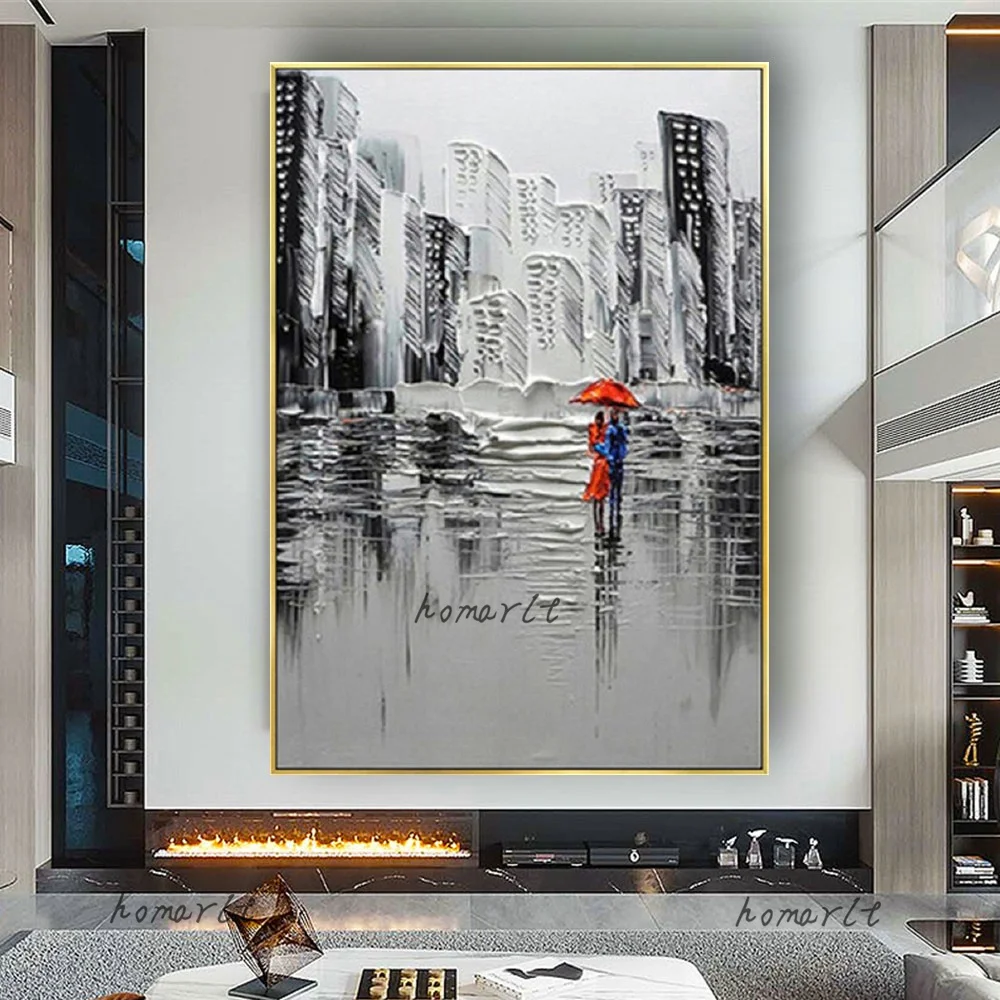 Handmade Thick Textured Gray Abstract Best Art Oil Painting Canvas Impressive City View Picture Home Decor Artwork New Original