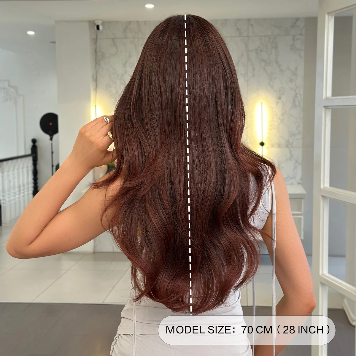 7JHH WIGS Long Body Wave Mocha Brown Wig for Women Modest Fashion Synthetic Layered Middle Part Dark Red Wigs with Curtain Bangs - view 4