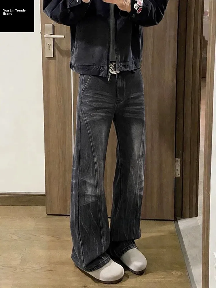 

Black Lightning Pattern Slant Cut Men's Jeans High Street Vibe Cleanfit Bootcut Pants Youthful Casual Wear Resistant