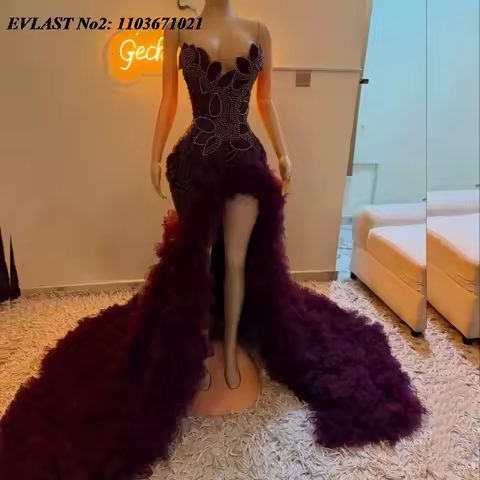 EVLAST Customized Sparkly Purple Ruffles Mermaid Prom Dress High Slit Floral Crystal Beaded Formal Party Dress Evening Gown SP17