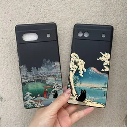 Japanese Aesthetic Black Cat Landscape Phone Case For Google Pixel 8Pro 9Pro 6 7 6A 7A Scenery Soft Silicone Cover For Google 8A