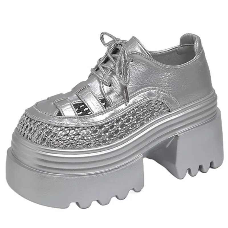 

Новые летние женские полые кроссовки 9 см, кожаные повседневные туфли на высоком каблуке и платформе со шнуровкой, прогулочная обувь на толстой подошве, Zapatos Mujer