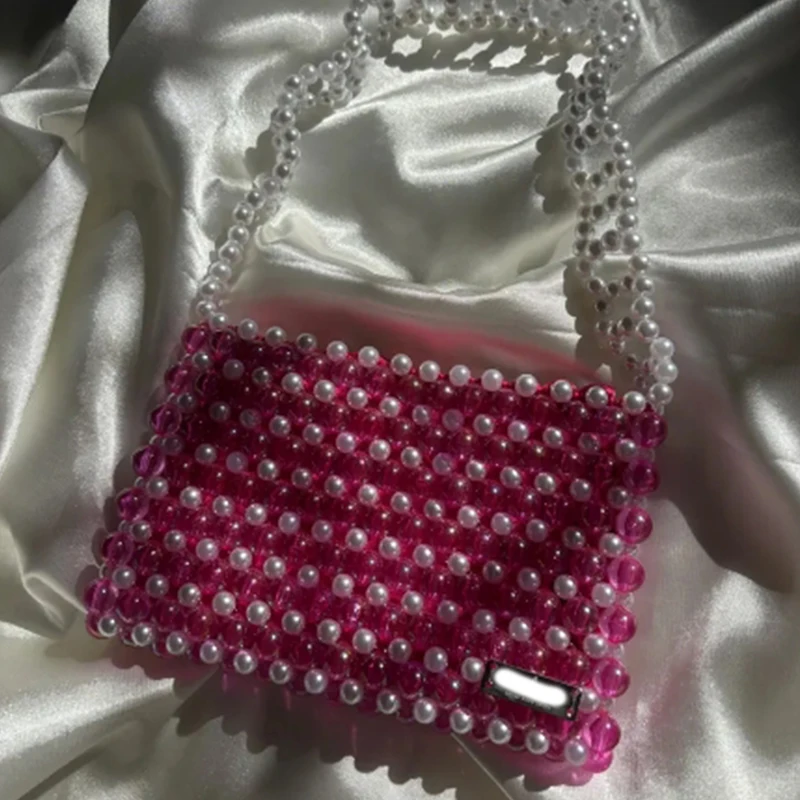 Handmade Acrylic Bead Woven Women's Shoulder Bag with Pearl Retro Splicing Crossbody Phone Bags for Woman Can Be Customized