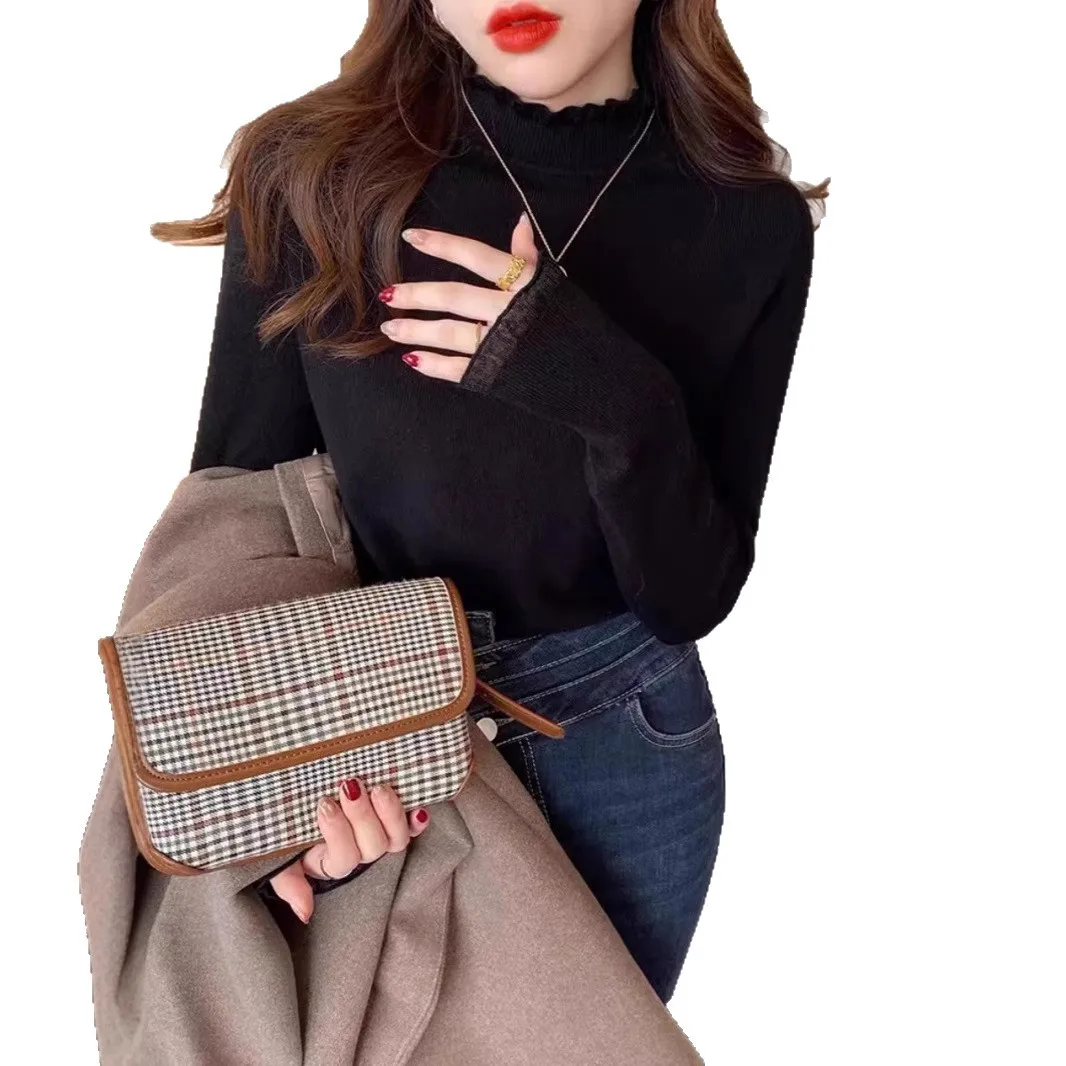 Women's f High Collar Knitted Lace Base irt Autumn Winter Faionable Inner Wear White Top 2025 New Sle Polyester Fiber