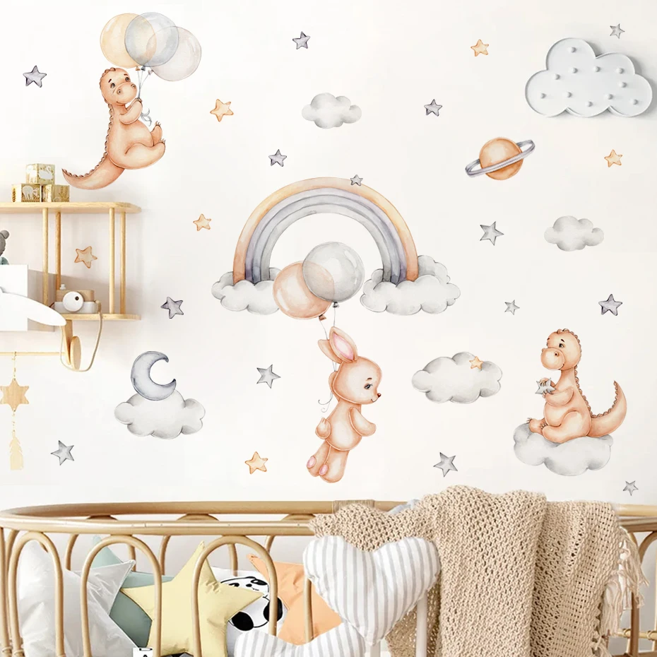 

Мультяшные кролики динозавры, милые акварельные наклейки на стену, виниловые наклейки для стен, интерьер, домашний декор