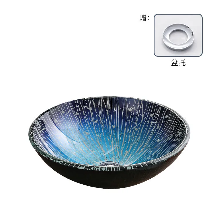 42cm Round Bowl Basin Hotel Countertop Washbasin Set Sky Blue Tassel Pattern Tempered Glass Vessel Sink