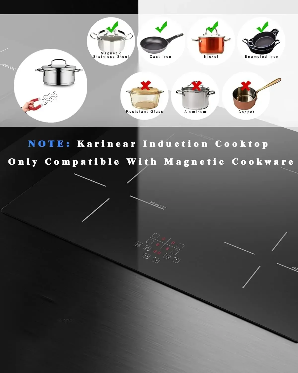 Karinear 24 Inch Induction Cooktop 4 Burner Electric Cooktop, Drop-in Induction Burner with Timer and Child Lock, Pause Function