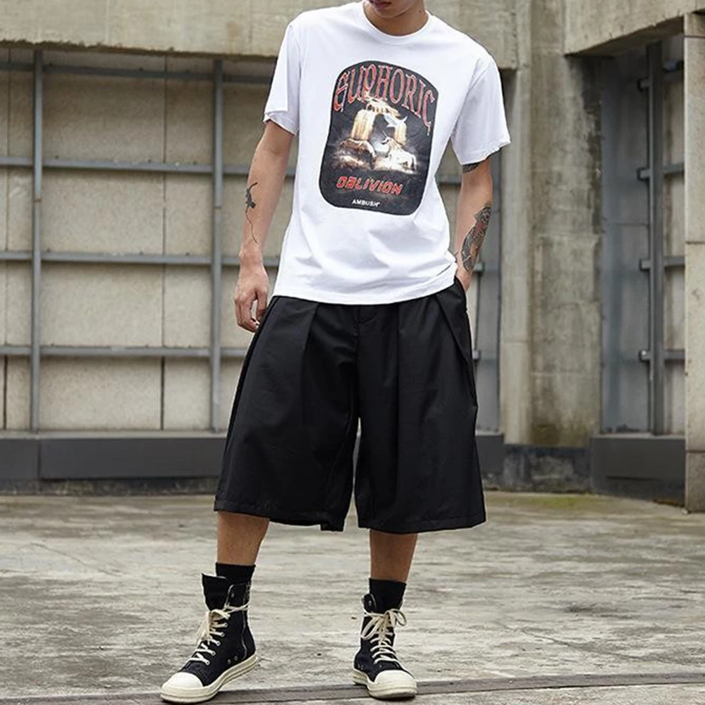 XS-5XL Men's Solid Color Three-Quarter Wide-Leg Pants American Retro Fashion Trend Simple Loose Casual Breathable Men's Bottoms