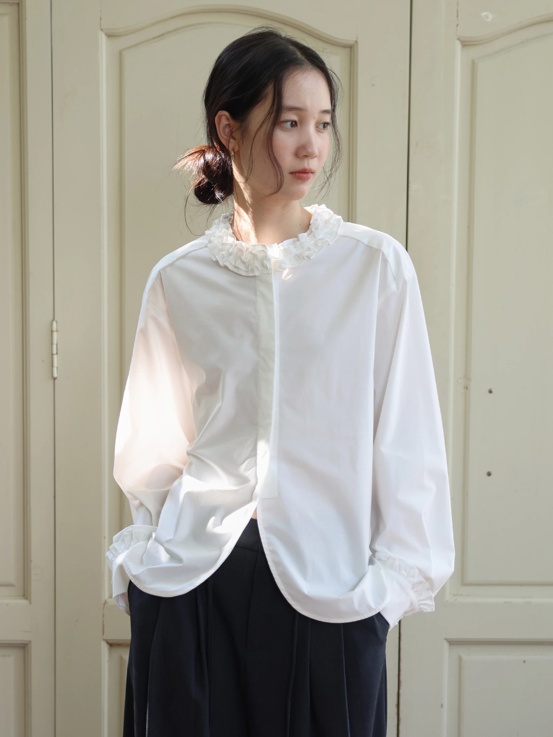 

MUNNS l Bamboo Fiber Vintage round Ne Long Sve irt Women Romantic Aosphere Layered Top Faion Loose Fit irt