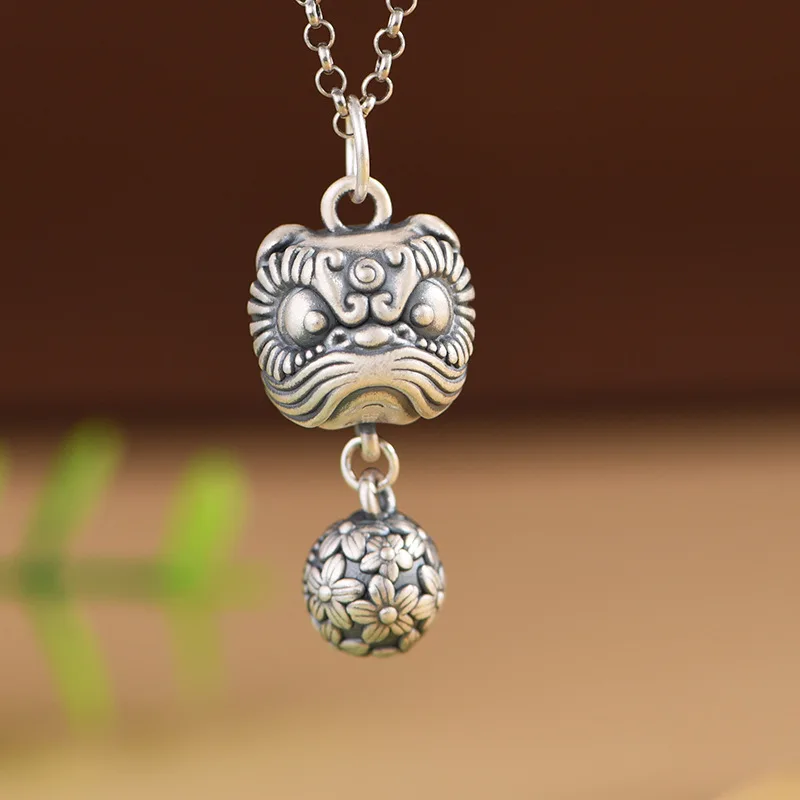 BOCAI S999 Silver Retro Niche Three-dimensional Hollow Gluttonous Flower ball Women's Pendant
