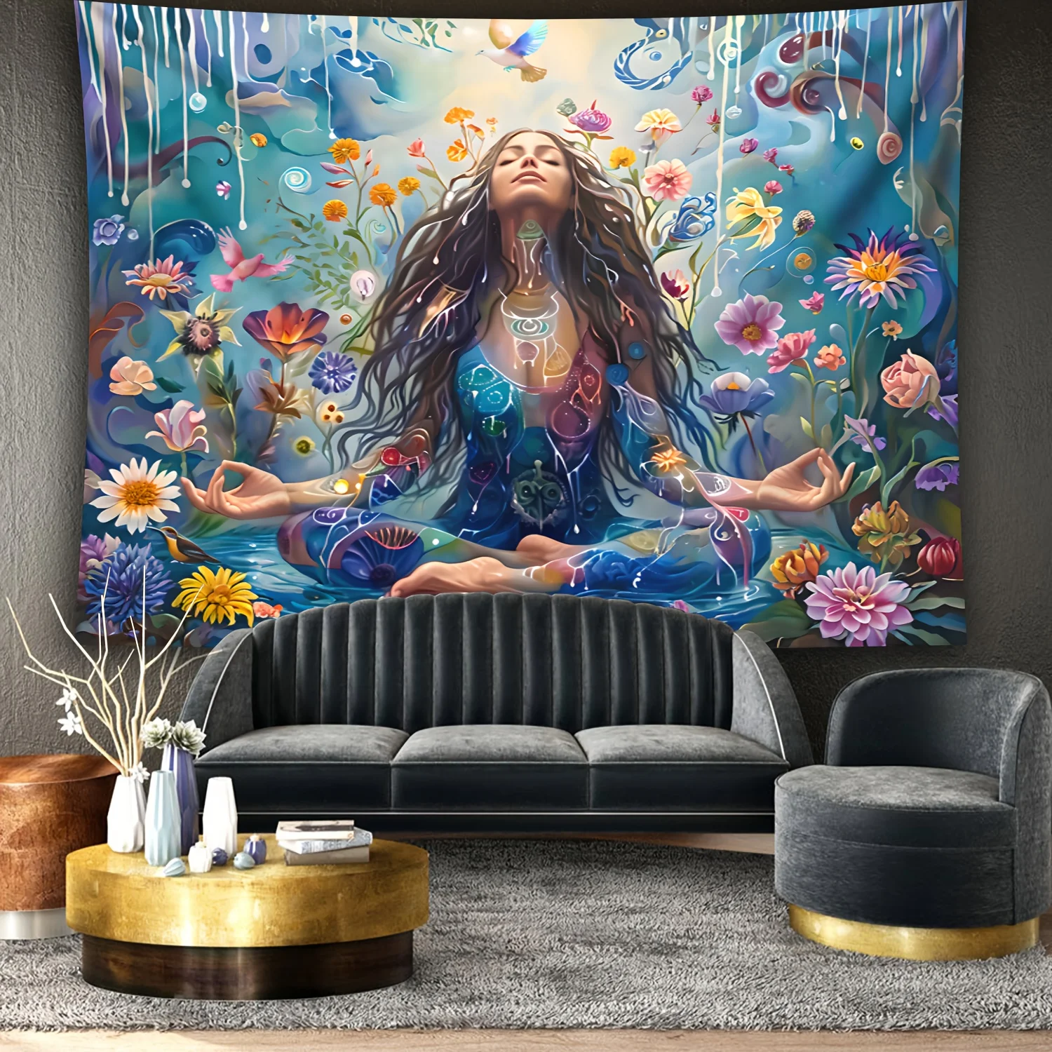 VIKAMA Meditation Floral Art Tapestry Artistic Decor for Living Room Sofa Feature Wall Room & Guesthouse Hanging Ornament