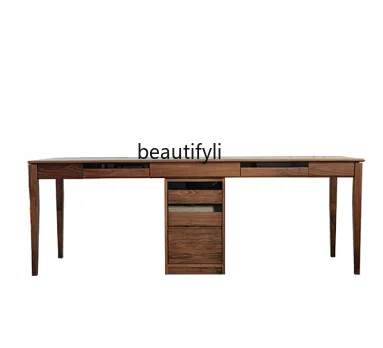 Double Desk Nordic Black Walnut Wooden Desk Solid Wood Simplicity Home Writing Computer Desk