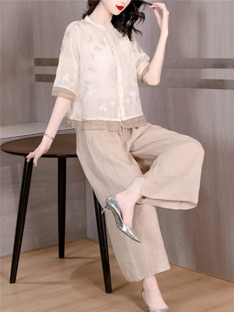 Summer Large Size Ramie Fashion Suitt Spliced Embroidered Shirt High Waist Trousers Wide Leg Pants Cotton Linen 2 Piece Set D004