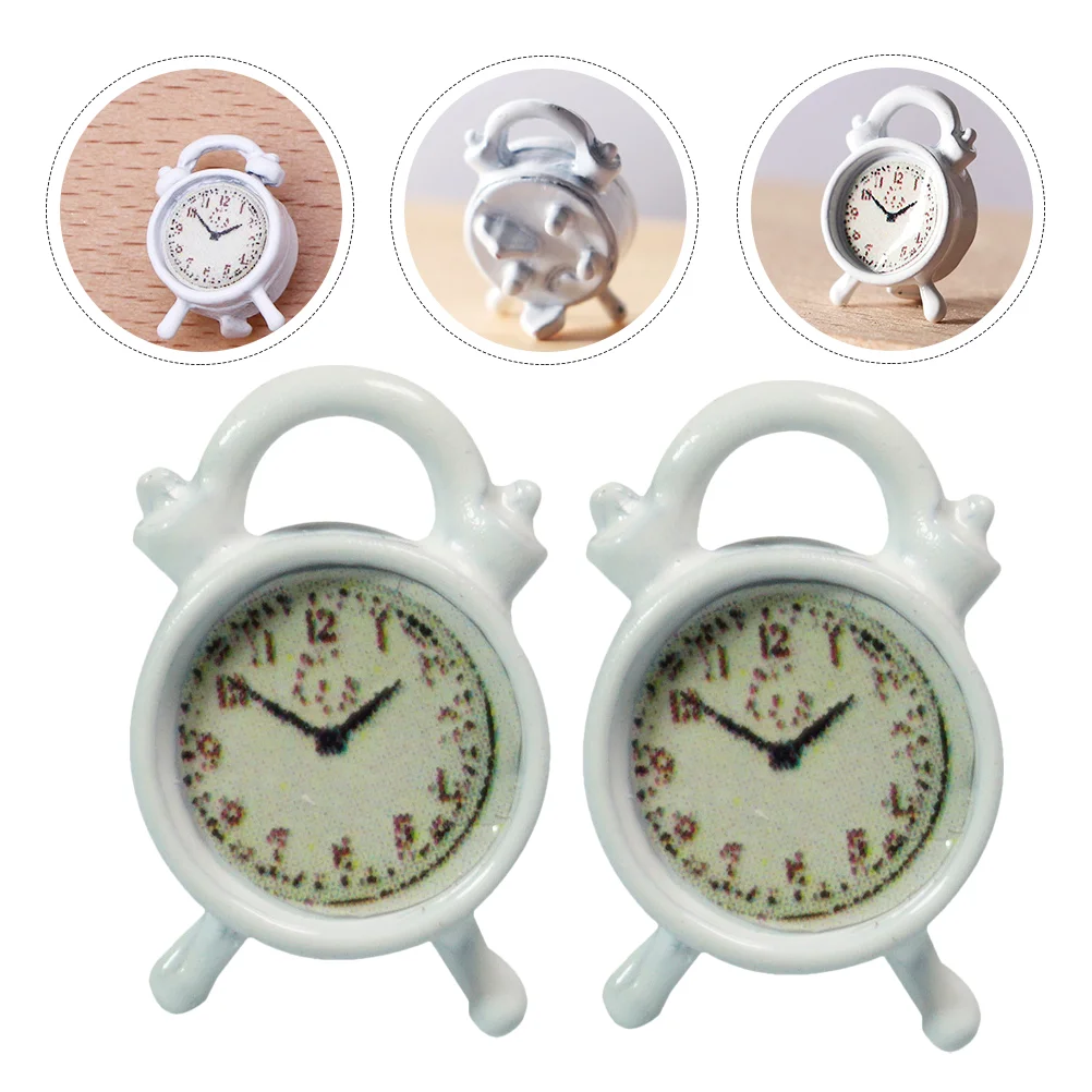 2 Pcs Model Toy Mini Alarm Clock Child Childrens Toys Dollhouse Miniature Wall Shelf Alloy Small White