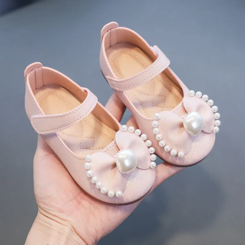 Solid Color Bow Simple Casual Pearl Cute Baby Girl Flats New 2024 Hook & Loop Little Princess Soft Mary Jane Fashion Kids Shoes