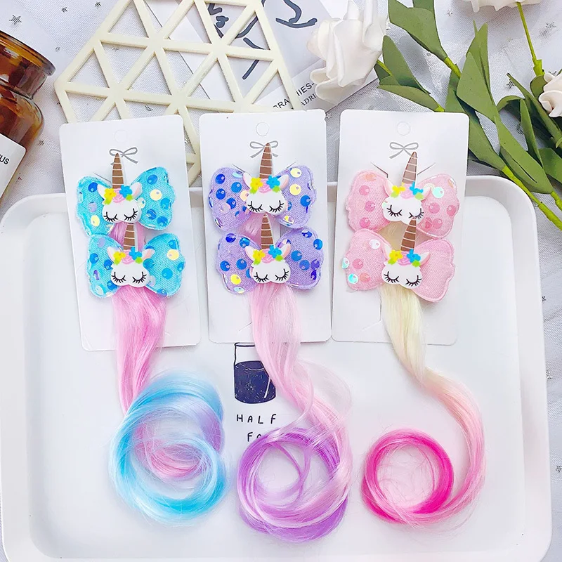 

2PCS New Colorful Gradient Unicorn Bow Wig Girls Hairpins Children Lovely Headwear Hairgrip Hair Clips Hair Accessories