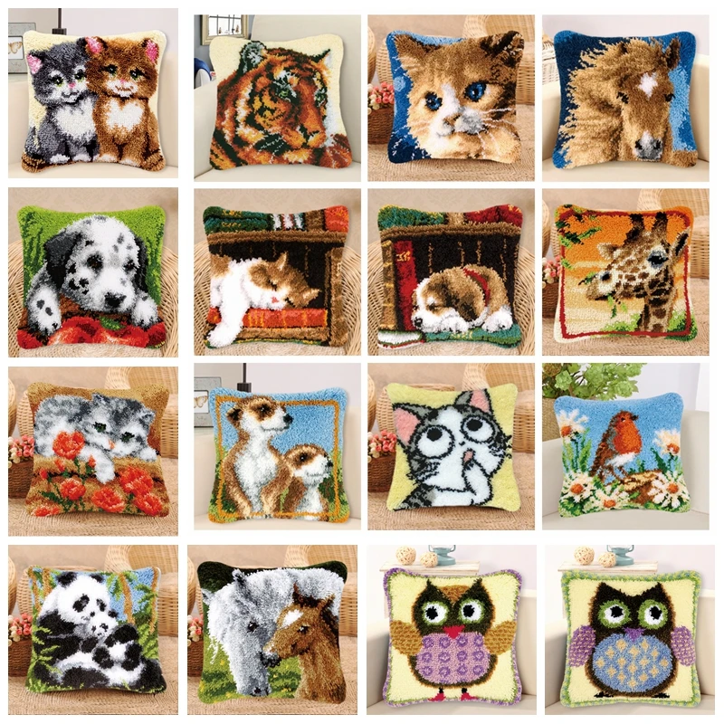 DIY Cat Latch Hook Rug Kits Animals Series 3D Segment Embroidery Pillow Wool Cross Stitch Carpet Embroidery Pillow knooppakket