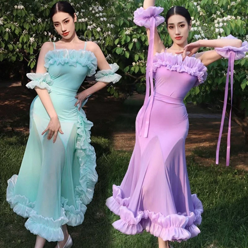 Vestido de competición de baile de salón para mujer, Tops de encaje con volantes y hombros descubiertos, faldas, vestido de graduación, disfraz de actuación de vals BL8621 2022