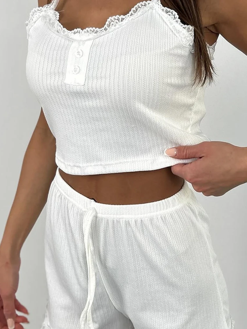 Martahqiqi Lace Ladies Pajamas Suit Spaghetti Strap Sleepwear Sleeveless Nightie Tank Tops Nightgowns Shorts Casual Home Clothes