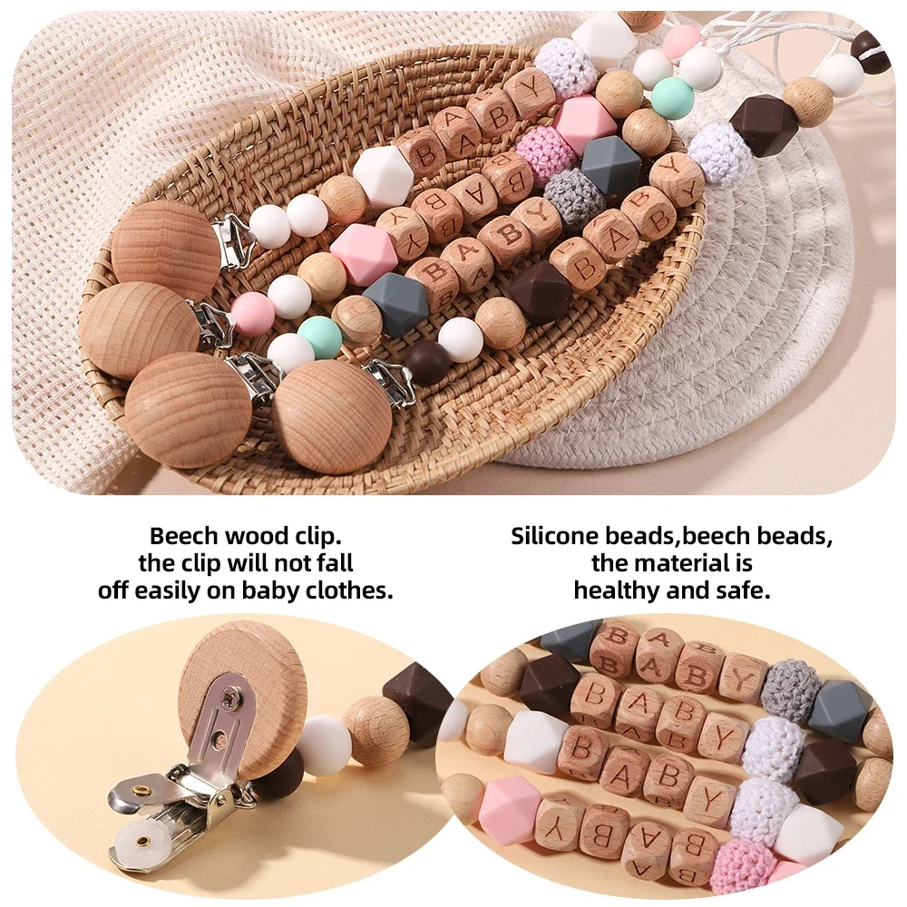 Silicone Material Baby Anti Fall Chain Pacifier Clip Silicone Beads Baby Pacifier Clip Circular Wooden Letter Pacifier Chain