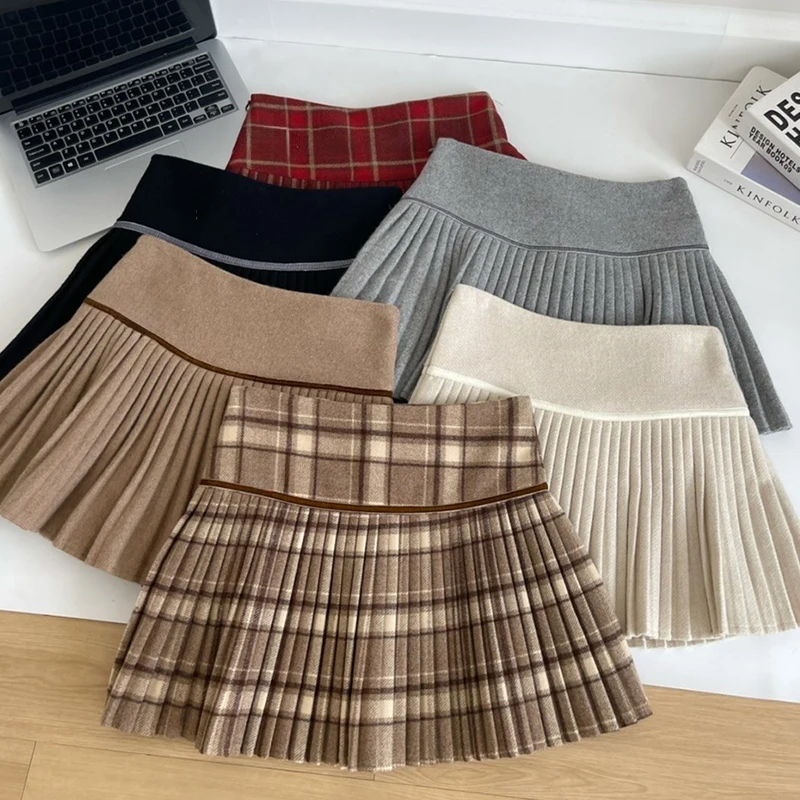 Plaid Pleated Mini Skirt Thick Wool Short Skirt High Waist Box-pleat Miniskirt for Women Teen-girl Preppy Style Outfit