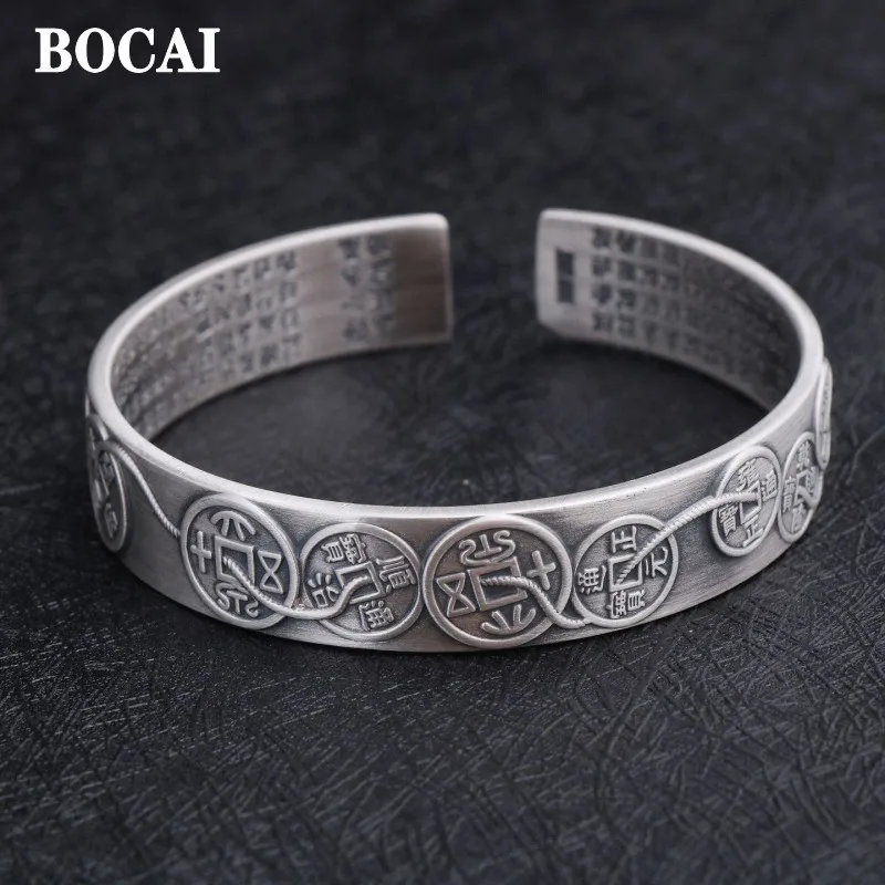 

BOCAI New 100% S999 Silver Original Personality Classic Five Emperor Coins Handmade Heart Sutra Man Bracelet Jewelry Accessor