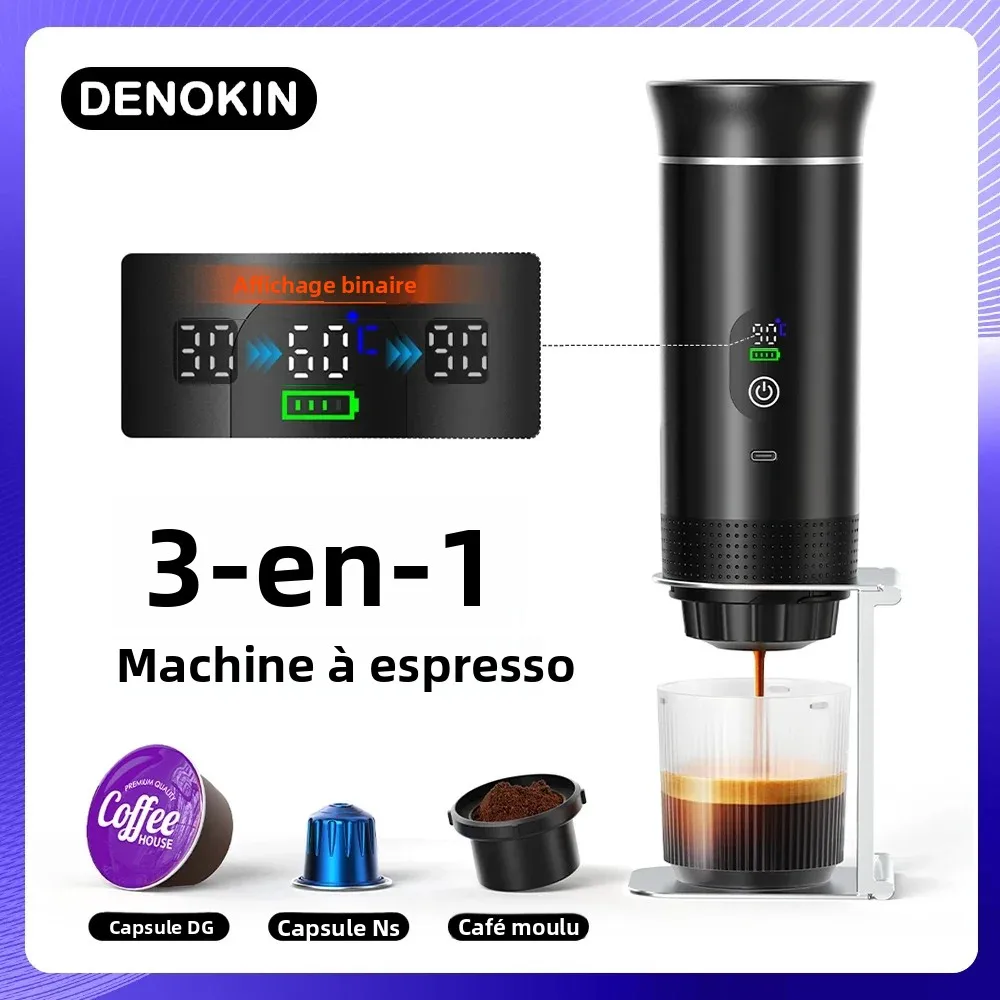 Machine à café portable DENOKIN 3-en-1 avec écran numérique pour voiture et camping