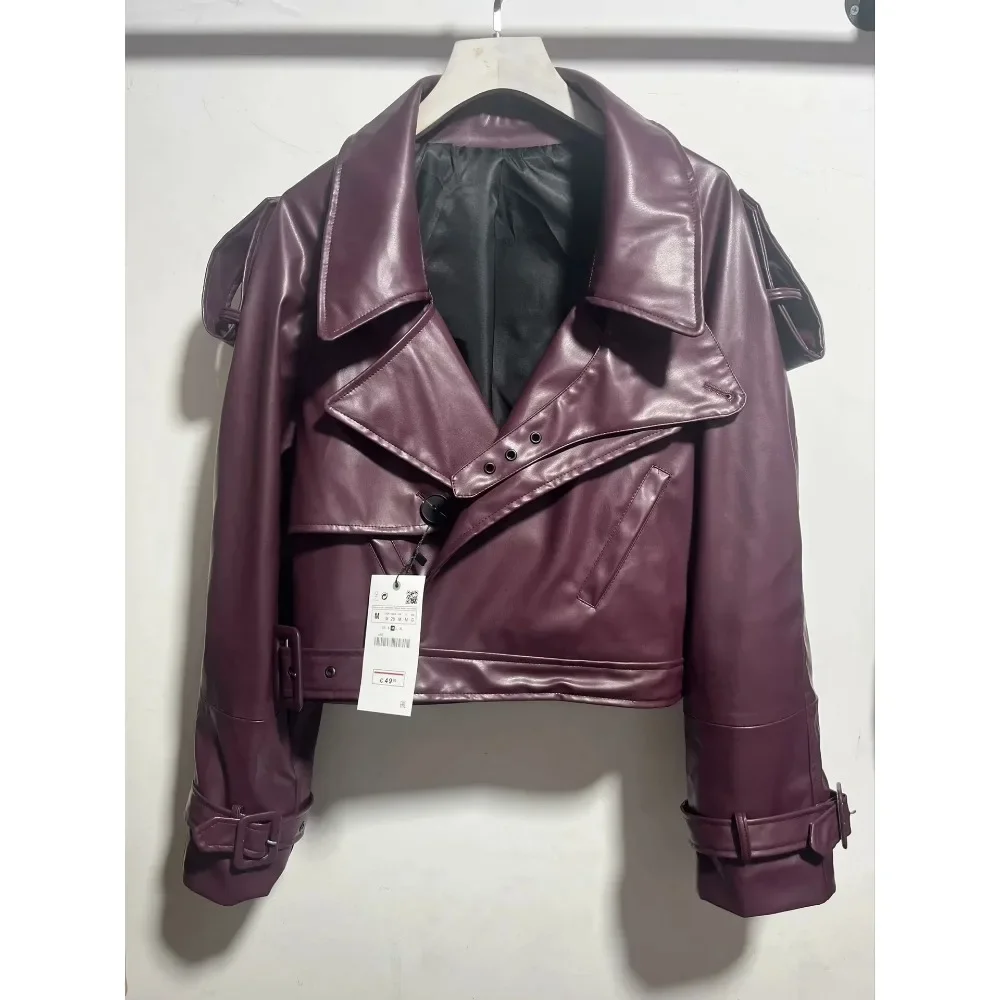 Chaqueta de motociclista de cuero con solapa Vintage, chaqueta Bomber para mujer, abrigo corto, ropa de calle con cremallera, manga larga, prendas de vestir exteriores a prueba de viento, color negro