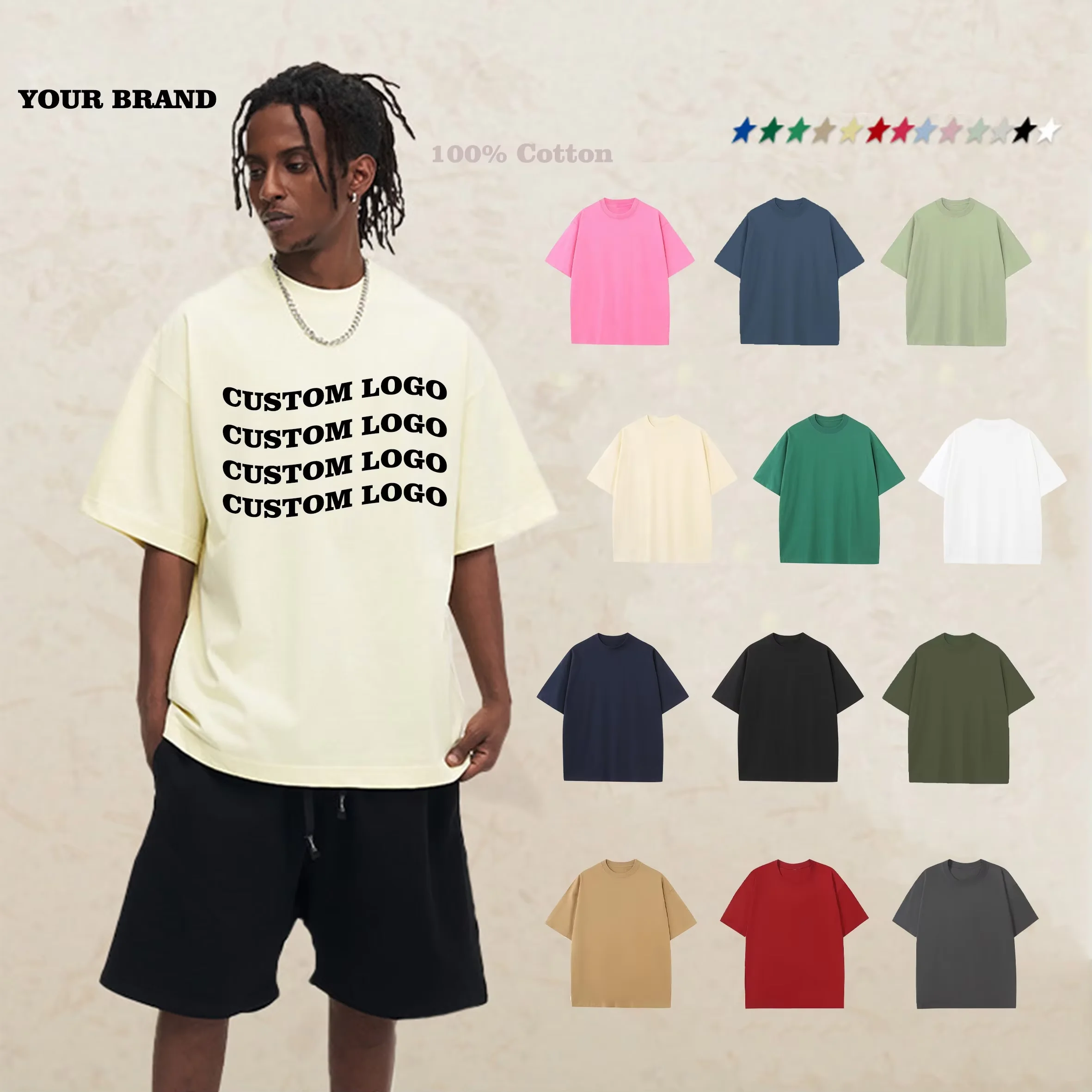 Camisetas lisas de alta calidad para hombre, camisetas de punto de gran tamaño de peso pesado de 230 GSM, camisetas con estampado DTF de logotipo personalizado para hombre