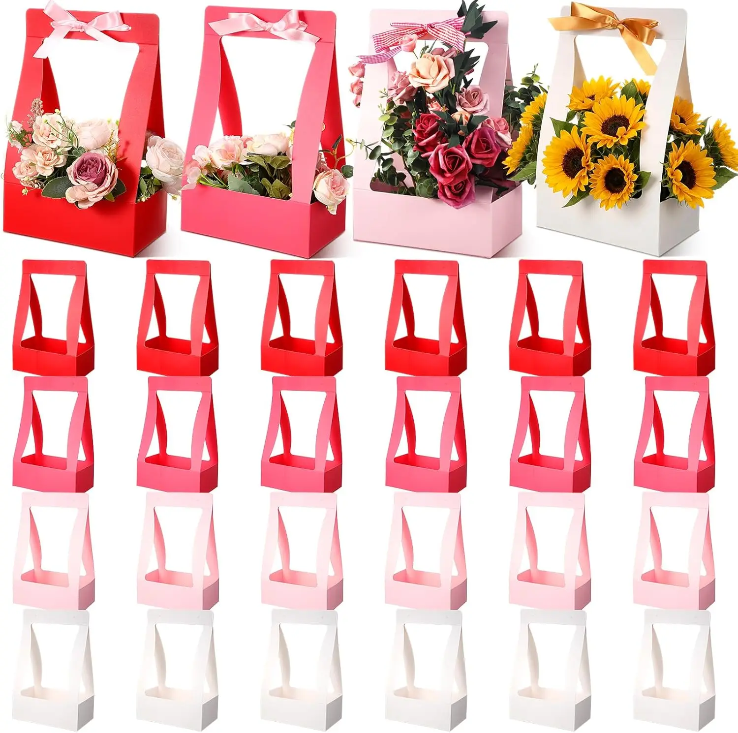 24 Cajas de Regalo Florales Multicolores con Asa, Impermeables para Ramos, Bodas, Arreglos del Día de la Madre
