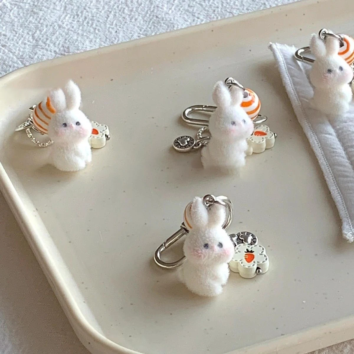 Flocking Bunny Key Chain Lovely 3d Carrot Rabbit Mobile Phone Pendant Bag Keychain Diy Beading Accessories Key Ring Crafts