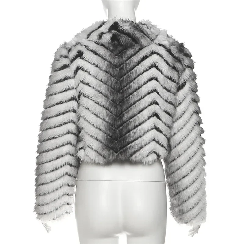 2025 겨울 여성 럭셔리 스트라이프 인조 모피 재킷 턴다운 칼라 긴 소매 지퍼 따뜻한 패션 코트 크롭 탑 아우터웨어