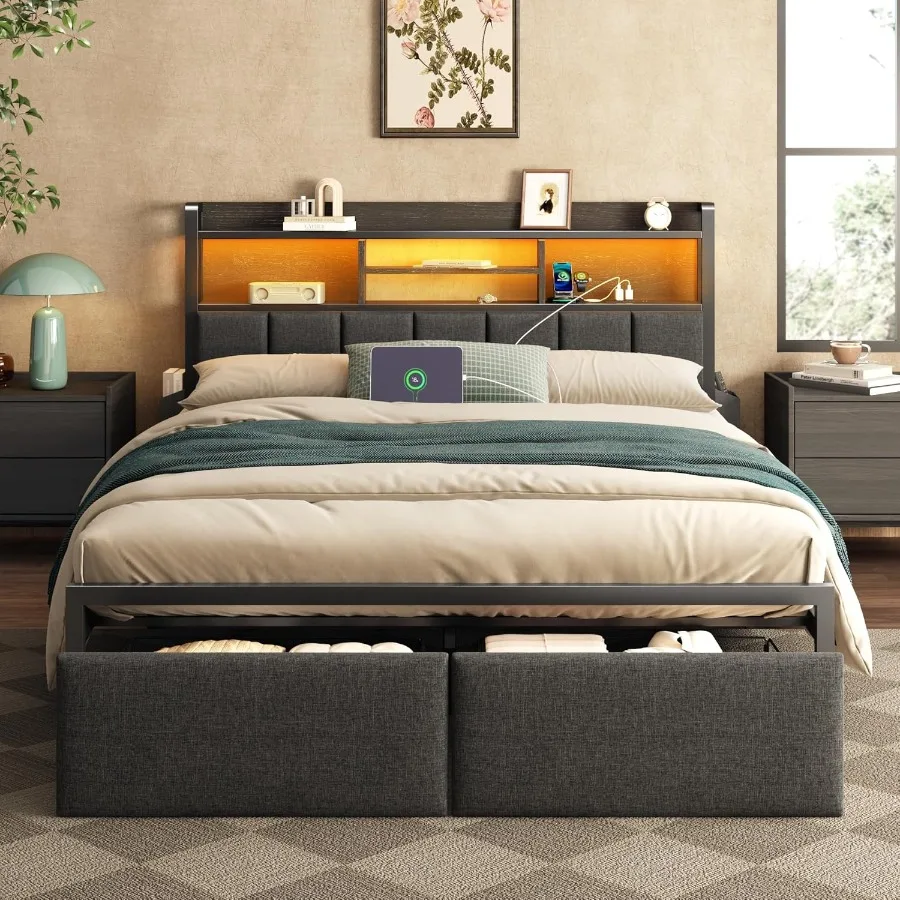 إطار سرير كامل الحجم مع لوح رأسي منجد يتميز بأدراج تخزين مدمجة ومحطة شحن مدمجة وإضاءة LED محيطة