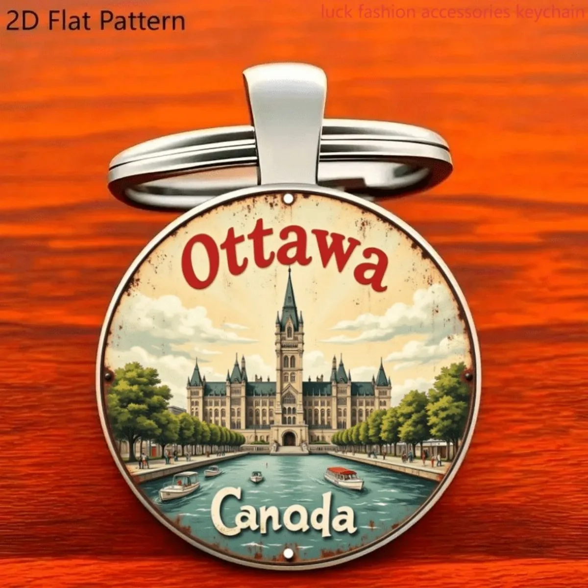 Chaveiro retrô para OTTAWA Canada Parliament Hill – Design plano 2D de liga de zinco com arte de referência vibrante, presente de lembrança durável