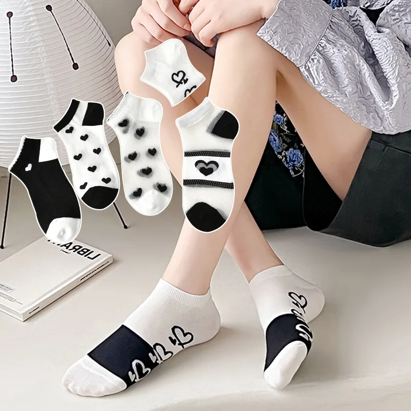 

5 Pairs Ankle Socks Women Cute Cartoon Low Tube Spring Summer Thin Mesh Sock For Girls Gift White Black Breathable Calcetines